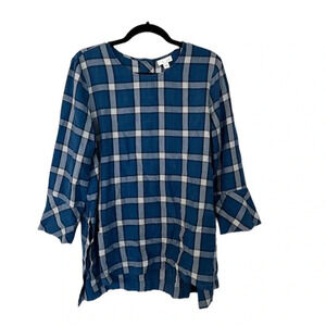 J.Jill Women's 3/4 Flutter Sleeve Plaid High-Low Round Neck Top Size M GUC